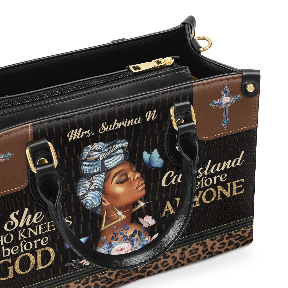 Personalized Christian Leather Handbag, She Who Kneels Before God Purse Tote Bag, Inspirational Faith Bag for Women BLAF48